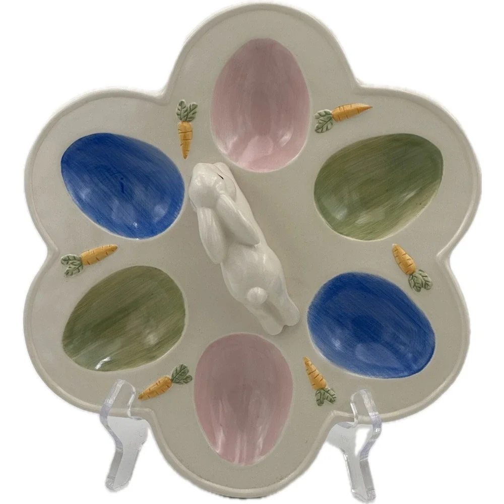 Ceramic Deviled Egg Plate Easter Bunny Rabbit Figural Platter Pastel Colors Core